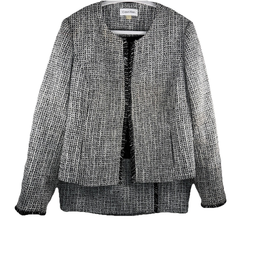 Calvin Klein Black and White Tweed Open-Front Blazer